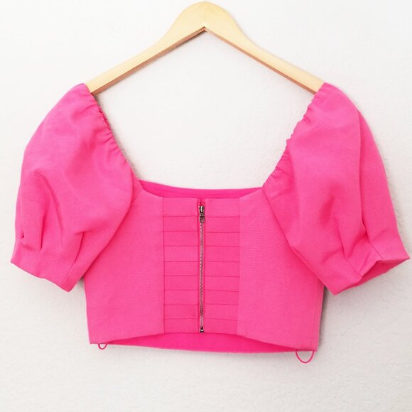 Alice + Olivia Joslyn Puff Sleeve Cropped Top in Wild Pink Size 4 Barbie $295 - Picture 8 of 16